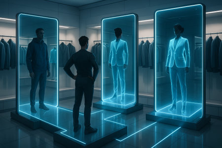 Futuristic virtual clothing store with interactive holograms displaying outfits in a modern retail setting.の写真素材