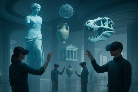 Virtual future museum with people interacting via vr headsets and digital artifacts including dinosaur skull and classical sculpture in a modern gallery.の写真素材