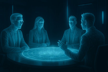 Business meeting in the metaverse with virtual holographic interface display in futuristic setting. concept of digital collaboration, innovative technology, virtual reality.の写真素材