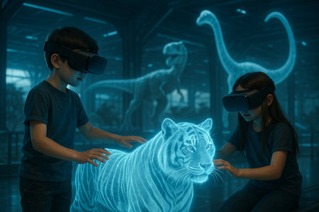Children exploring virtual zoo adventure with holographic animals and dinosaurs through vr technology. concept of innovative learning, digital interaction, futuristic exploration.の写真素材