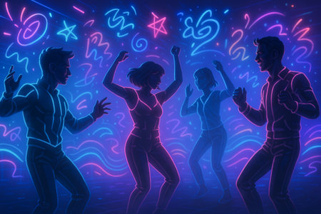 Virtual party in the metaverse with dancing silhouettes and neon lights illustration for futuristic...
