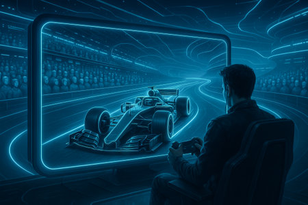 Virtual race in the metaverse illustration featuring futuristic gaming with neon lighting and high-tech graphics in a digital environment.の写真素材