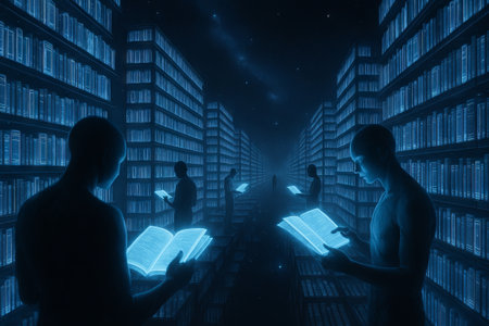 Futuristic cosmic library with digital books and mystical ambiance, a glimpse into space-age...