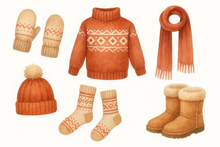 Winter decor in watercolor with sweater, scarf, mittens, socks, boots, and hat for cozy seasonal illustration and warm accessories concept.の写真素材