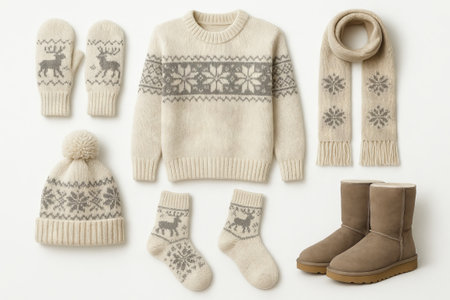 Winter clothing with six elements - mittens, sweater, scarf, hat, socks, and boots illustrating cozy...
