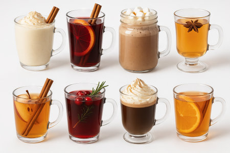 Assortment of festive christmas drinks with mulled wine, eggnog, and hot chocolate in glass mugs....