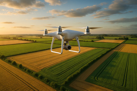Scenic drone view over expansive fields at sunset capturing tranquil agricultural landscapes in...