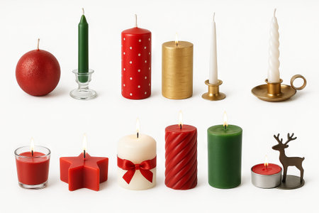 Festive candles and holders collection for holiday decor in various shapes and colors with elegant candle holders. concept of celebration, festive atmosphere, holiday decor.の写真素材