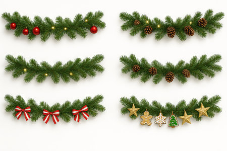 Christmas garlands with pinecones, ornaments, and gingerbread on white background. concept of festive holiday decor, seasonal decoration, winter celebration.の写真素材