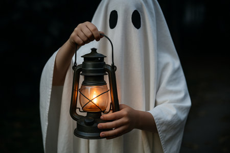 Child dressed as ghost holding vintage lantern with glowing light in dark outdoor setting during Halloween night. Concept of spooky costume, trick or treat, autumn celebration.の写真素材