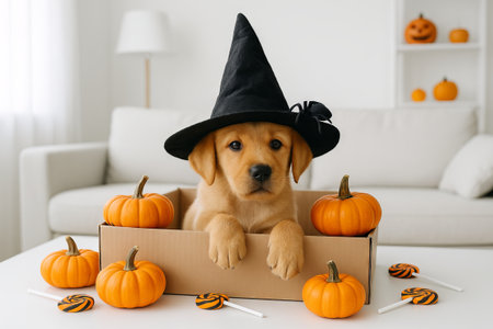 Cute puppy wearing witch hat surrounded by halloween pumpkins and candy lollipops in cozy room. concept of festive pet costume, halloween celebration, adorable decor.の写真素材