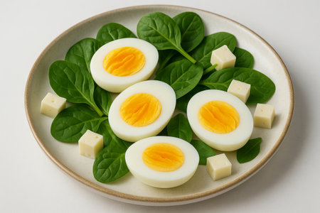 Fresh spinach and boiled eggs salad on plate with cheese cubes. concept of healthy meal, nutritious food, clean eating.の写真素材
