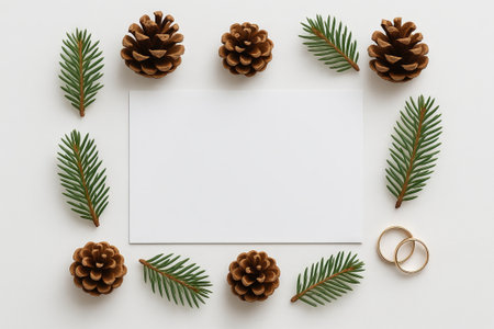 Winter wedding details with pine cones and evergreen branches, featuring gold rings on a white background. concept of seasonal wedding decor, nature-inspired celebration.の写真素材
