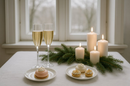 Breakfast by the window with pastries and champagne in elegant setting. concept of elegant morning, relaxation, fine dining.の写真素材