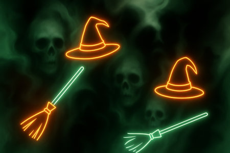 Neon halloween background featuring witch hats and brooms with green smoke and skulls concept of spooky holiday decorations haunted atmosphere eerie seasonal celebration.の写真素材