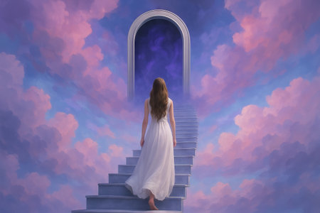 Mysterious staircase leading into the clouds with a woman in white dress in dreamlike surreal setting. concept of fantasy, mystical journey, serene atmosphere.の写真素材