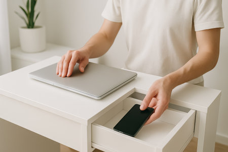 Person putting smartphone inside desk drawer next to laptop in minimalist workspace. concept of...