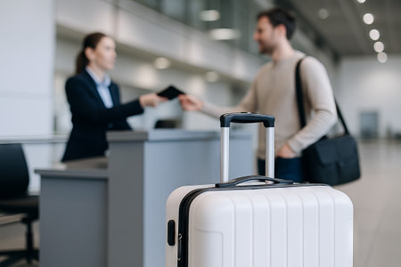 White suitcase at check-in counter with man and receptionist in modern airport. concept of business travel, airport check-in, travel preparation.の写真素材