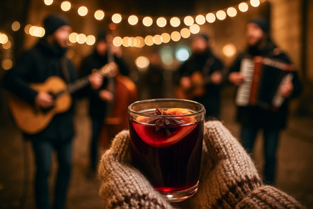 Mulled wine in focus with street musicians performing in cozy atmosphere of winter evening. concept of warm drink, live music, festive season.の写真素材