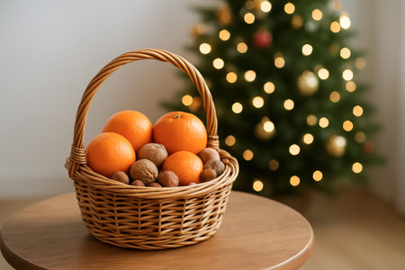 Wicker basket filled with walnuts and oranges on a wooden table with blurred christmas tree in the background. concept of holiday decor, festive fruit basket, seasonal celebration.の写真素材