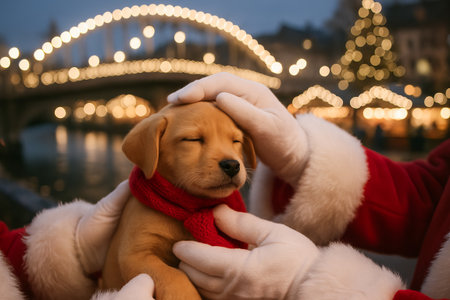 Santa claus holding a cute puppy wearing a red scarf during a festive christmas market evening. concept of holiday joy, heartwarming moment, christmas celebration.の写真素材