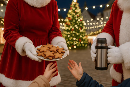 Christmas holiday celebration on festive town square with star-shaped cookies and hot drinks, featuring santa figures. concept of festivity, holiday spirit, cheerful gathering.の写真素材