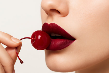 Close-up of burgundy lipstick and cherry touching lips, concept of bold makeup, fashion style, sensual beauty, minimalist design, luxury cosmetics, red cherry.の写真素材