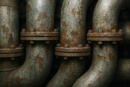 Weathered industrial pipes with rusty metal surface depicting urban decay and industrialization...