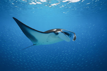 Manta ray gliding gracefully among school of fish in clear blue ocean water. concept of marine life, aquatic harmony, ocean exploration.の写真素材