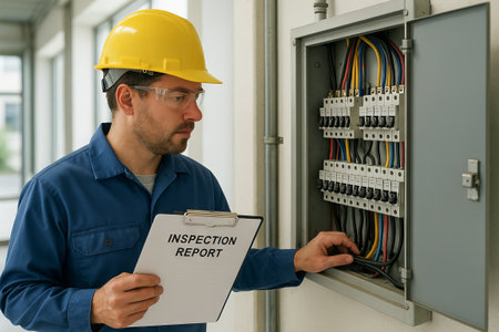 Engineer conducting electrical inspection review with report clipboard in hand inside a modern facility. concept of safety, professionalism, electrical system maintenance.の写真素材