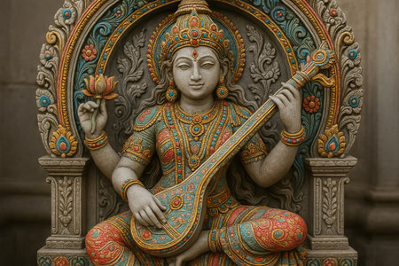 Ornate goddess saraswati statue holding veena and lotus in detailed carved shrine. concept of hindu deity, artistic sculpture, spiritual symbol.の写真素材