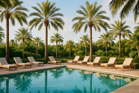 Tranquil tropical poolside oasis with palm trees and sun loungers for relaxation and leisure in a...