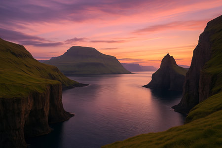 Serene islands at dusk reflecting harmony with stunning sunset sky over tranquil waters, emphasizing natural beauty and peaceful landscape qualities.の写真素材