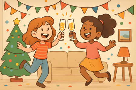 Cheerful friends dancing and toasting with champagne amid festive party decor. concept of friendship celebration, holiday joy, diversity.の写真素材