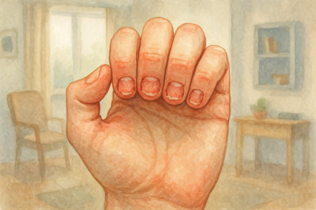 Watercolor illustration of a hand with bitten fingernails in a cozy interior setting. concept of anxiety, nail-biting habit, personal care.の写真素材