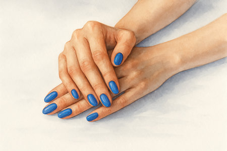 Elegant female hands with blue manicure resting gently on a light textured surface. concept of beauty, nail art, personal care.の写真素材