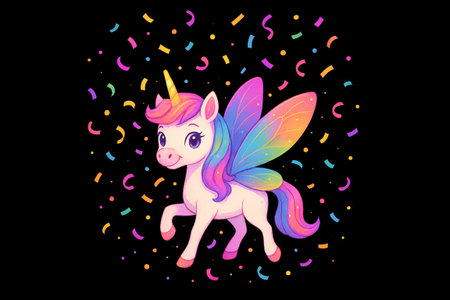 Colorful unicorn with rainbow wings and confetti on black background. concept of magical creatures, celebration theme, fantasy illustration.の写真素材