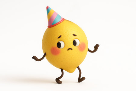 Playful lemon wearing a colorful party hat with shy expression. concept of cute fruit character, party theme decor, whimsical illustration.の写真素材