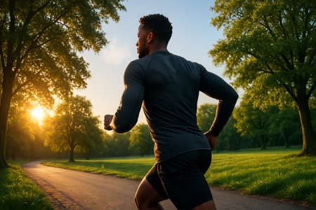 African american man jogging during golden hour on serene pathway surrounded by lush greenery. concept of fitness, nature connection, healthy lifestyle.の写真素材