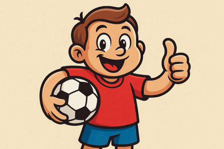 Cheerful soccer mascot kid giving thumbs up holding ball illustration. concept of sports enthusiasm, team spirit, youthful energy.の写真素材