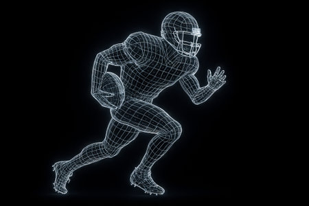Neon wireframe football player sprinting in dynamic run offense position. concept of sports...