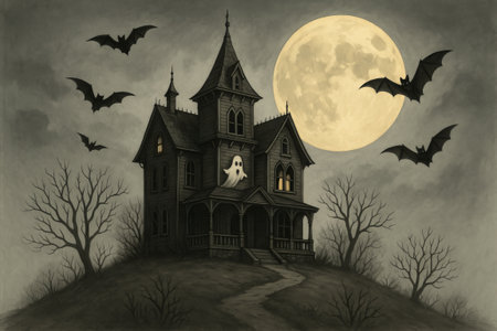 Spooky haunted house illustration with bats and full moon on a dark night. concept of halloween,...