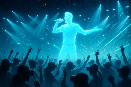Virtual concert experience with holographic singer and audience wearing vr headsets in futuristic venue illustration. concept of technology, digital music, immersive entertainment.の写真素材