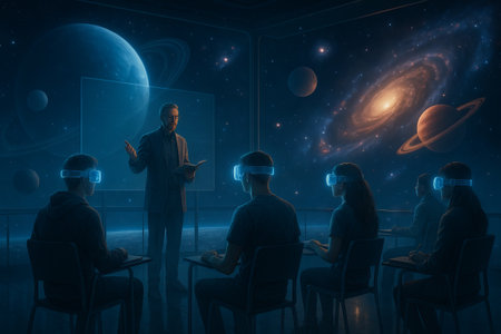 Virtual university in the metaverse concept with students in vr headsets learning astronomy in...