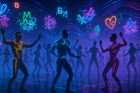 Virtual party in the metaverse featuring neon outlines and avatars dancing with bright geometric shapes and symbols in a futuristic digital environment illustration.の写真素材