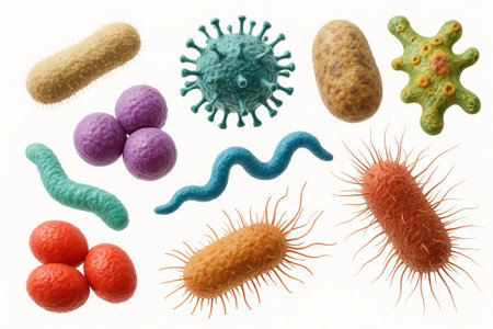 Illustration of colorful bacteria and viruses showcasing various shapes and textures on white...