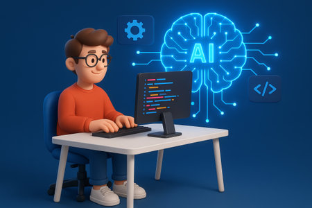 Young programmer interacting with artificial intelligence in a modern digital workspace scene....