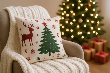 Cozy living room christmas decor with festive pillow featuring reindeer and christmas tree next to...