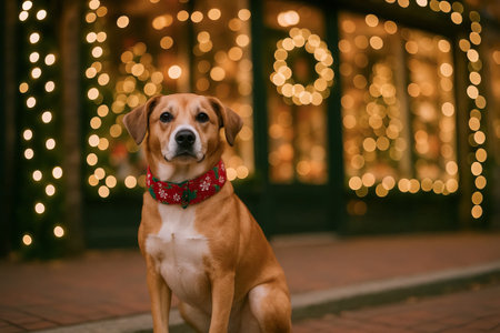 Brown dog wearing festive collar sitting in front of a decorated holiday storefront with warm...