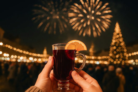 Festive night celebration with mulled wine and orange slice in hand, fireworks display, and christmas tree. concept of holiday spirit, warm drink, festivities.の写真素材